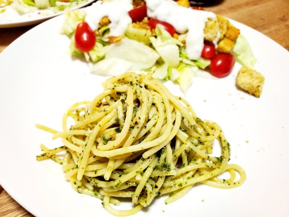 Jetty Spaghetti with a salad with blue cheese dressing